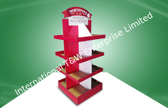 Harga yang bagus Red Eco-friendly Corrugated Cardboard Free Standing Display Units Four Shelves Shinning Offset Printing on line